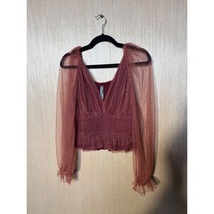 Anthropologie Smocked Mesh Peplum Blouse Rust Burgundy Puff Sleeve V-Neck Medium